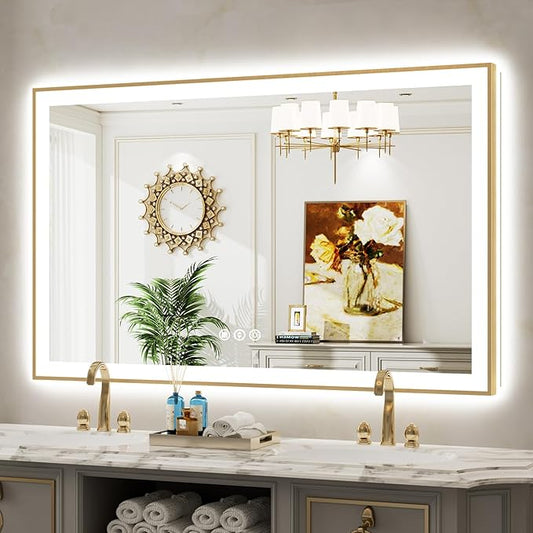 57x36 Inch LED Bathroom Mirror with Lights (Front Lit and Backlit) Gold Framed Lighted Vanity Mirror for Bathroom Wall Dimmable Anti-Fog Memory Tempered Glass Horizontal/Vertical