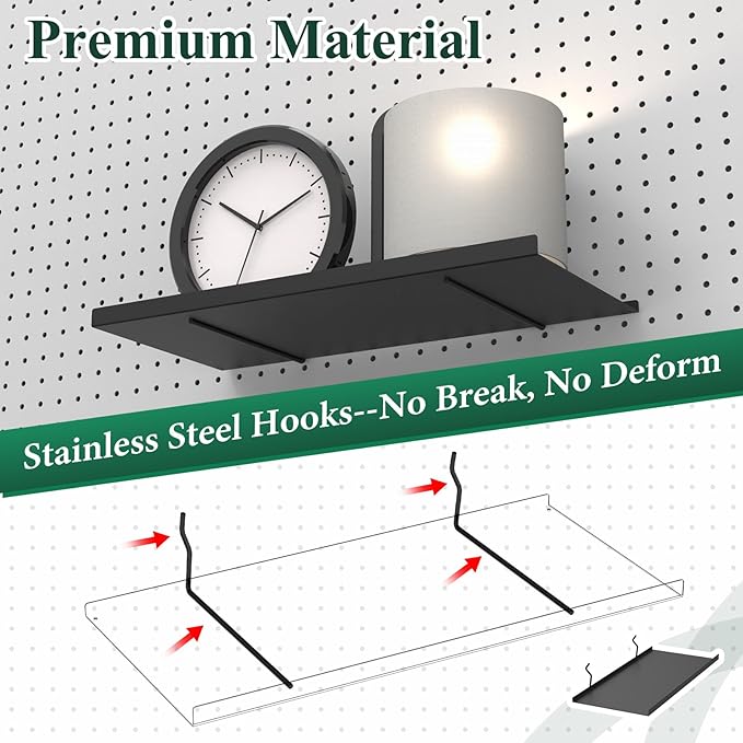 PEKGRIL 17X8 Inch Large Pegboard Shelves Set of 2, Metal Peg Board Shelves Accessories, Flat Display Shelves for Pegboard, Metal Retail Display for Storage and Organization, Black