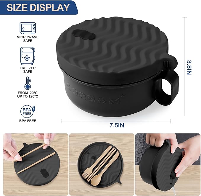 Ramen Cooker,Microwave Ramen Bowl,Ramen Noodle Bowl 48 oz, College Dorm Room Essentials for Girls for Boys, Apartment Essentials, BPA-Free. (black)
