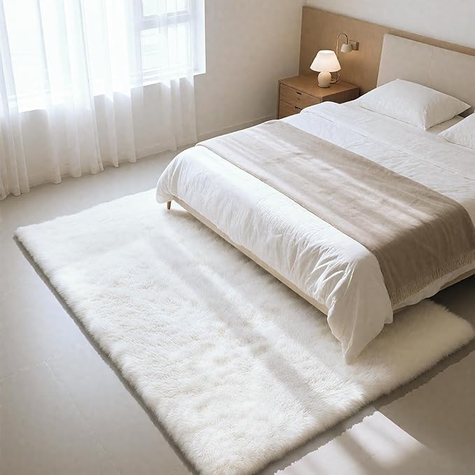Fluffy Rug Shaggy Area Rug, White 5x8 Area Rugs for Bedroom, Small Bedside Rug, Soft Fluffy Shaggy Entryway Throw Rugs for Living Room Bedroom Kids Room Home Decor