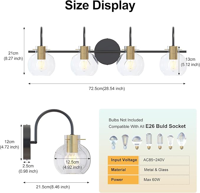 4 Light Bathroom Vanity Light, Black and Gold Light Fixtures, Sconces Wall Lighting with Glass Shade, Modern Brushed Vanity Lights for Bedroom, Hallway,Bathroom Lighting Fixtures Over Mirror