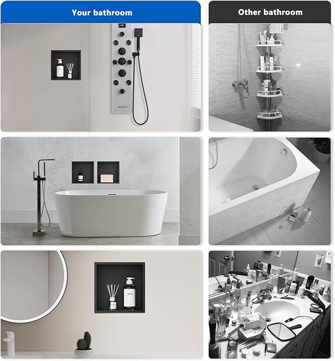 QAOYEDE Stainless Steel Shower Niche No Tile Needed 12"x12", Matte Black Niche for Shower, Recessed Showers Shelf for Bathroom Storage