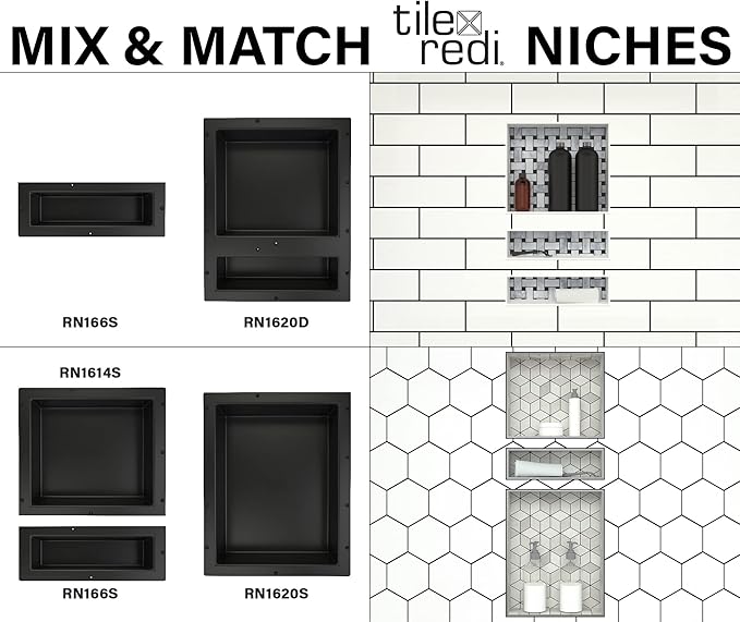 Tile Redi USA Niche Single Recessed Shower Shelf – Black, One Inner Shelf, 16-Inch Width x 6-Inch Height x 4-Inch Depth (RN166S-BI)