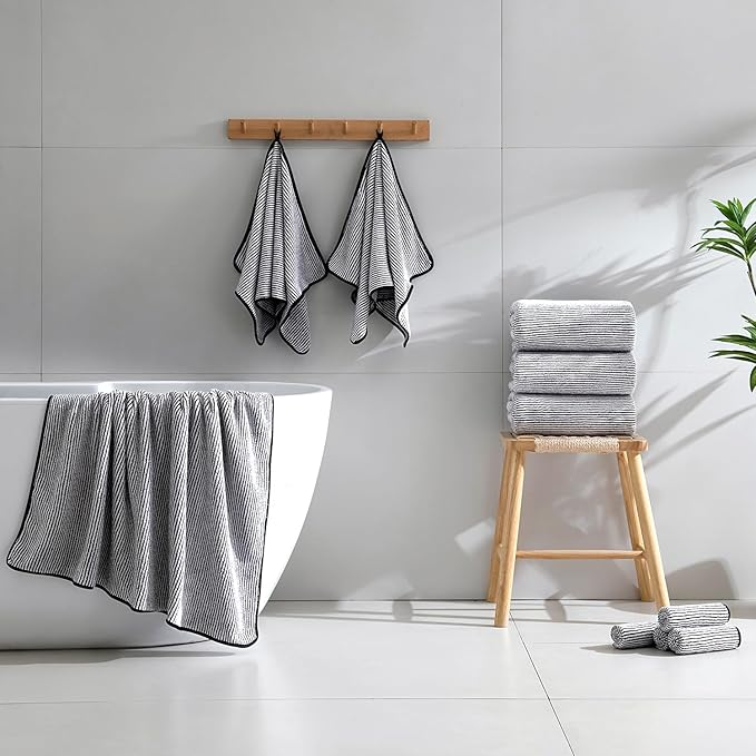 8-Piece Premium Towel Set for Bathroom|2 Oversized Large Bath Sheet 35”x70”,2 Hand Towels,4 Washcloths|Soft Cozy Absorbent Fast Dry Polyester Shower Towel Set for Hotel Bathroom Essentials,Black White