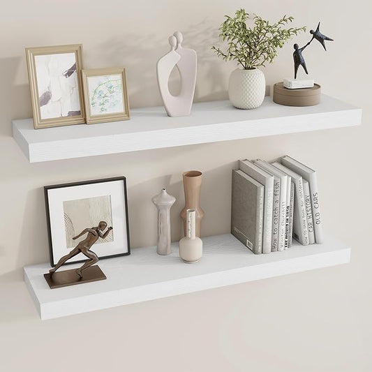 Dreamland 36 Inch Long Floating Shelves in White,8 Inch Deep Floating Shelf for Wall,Large Display & Storage Shelf, Wall Shelf for Bathroom Bedroom Living Room Kitchen Office，Set of 2