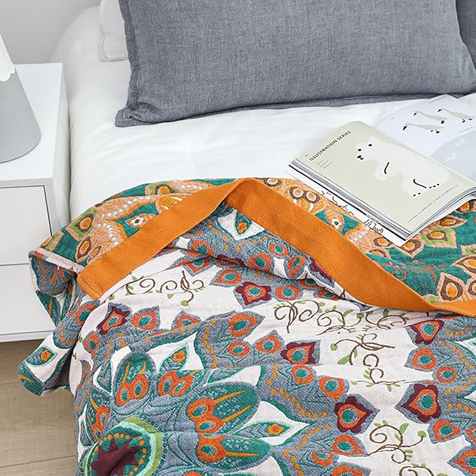 SANACYNA Boho Muslin Throw Blanket 100% Cotton 6-Layer Gauze Geometric and Flower Bed Blanket Lightweight Soft Breathable Blanket for Sofa Bed Coverlet Both Sides (Boho Spiral Flower, 80 x 90 in)