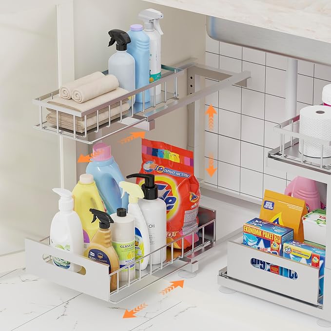 Under Sink Organizer, Heavy Duty Meta Slide Out Sink Shelf Organizer Height Adjustable, Multi-Purpose Storage Shelf for Kitchen Bathroom (Silver,2Pack)