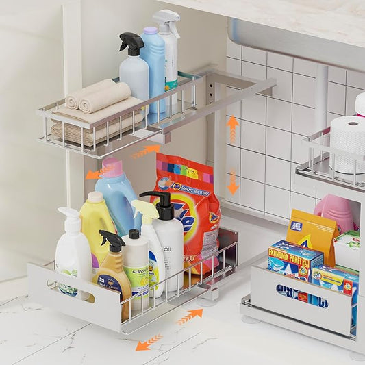 Under Sink Organizer, Heavy Duty Meta Slide Out Sink Shelf Organizer Height Adjustable, Multi-Purpose Storage Shelf for Kitchen Bathroom (Silver,2Pack)