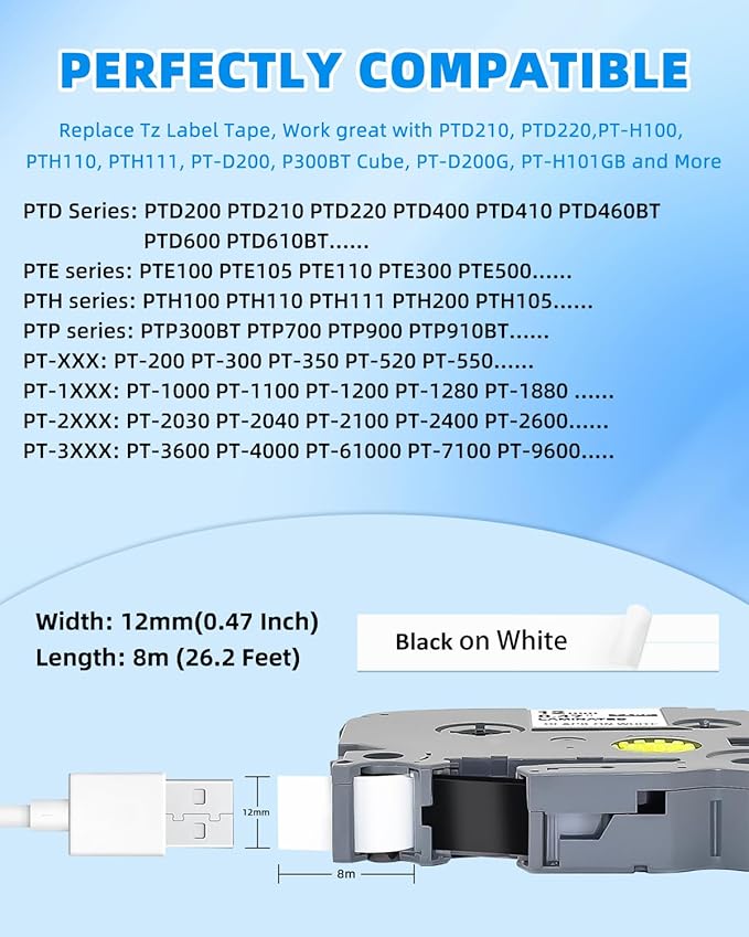 Label Maker Tape 12mm 0.47 Laminated White Tze Tz Tape Replacement for TZe-231 Tze231 1/2" Black on White for Brother P-Touch Label Maker PT-D220 D210 H110 D200 D400 1280, 10-Pack