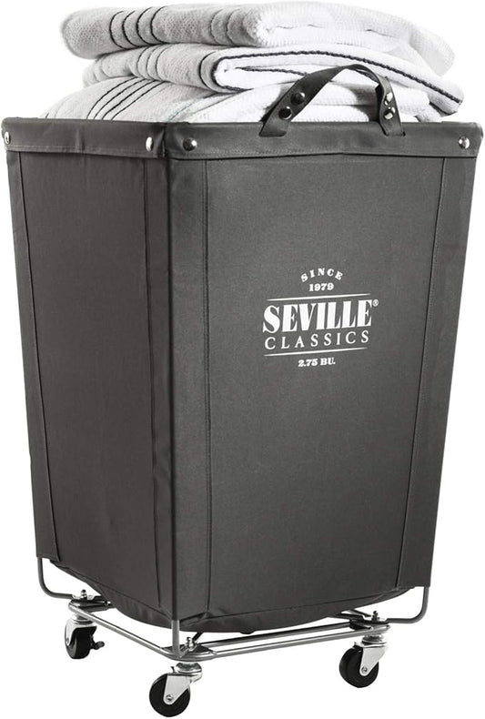 Seville Classics Large Commercial Heavy Duty Rolling Steel Frame Laundry Hamper Canvas Cart Bin, w/ Wheels for Hotel, Home, Closet, Bedroom (PATENTED), Gray, 18.1" D x 18.1" W