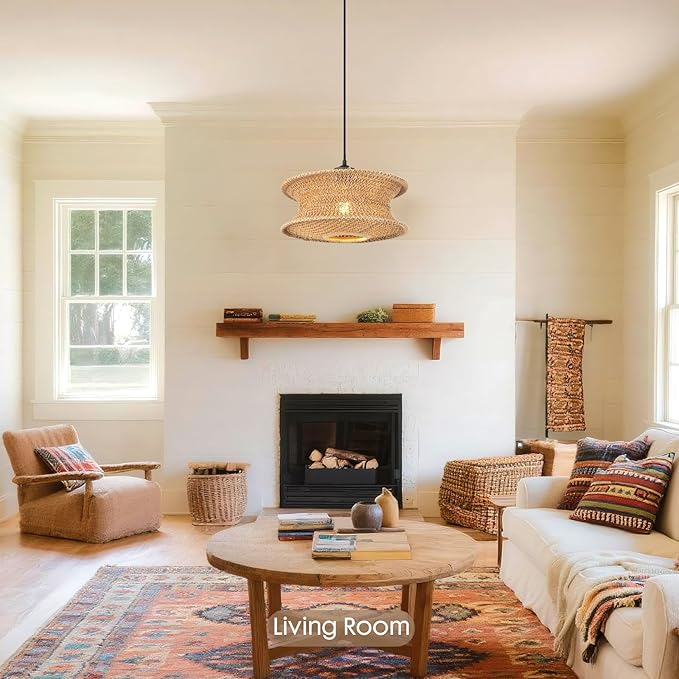 13" Boho Rattan Pendant Light Fixture, Hand Woven Hanging Ceiling Lamp for Kitchen Island, Dining Room, Entryway, Small Rustic Natural Woven Lighting