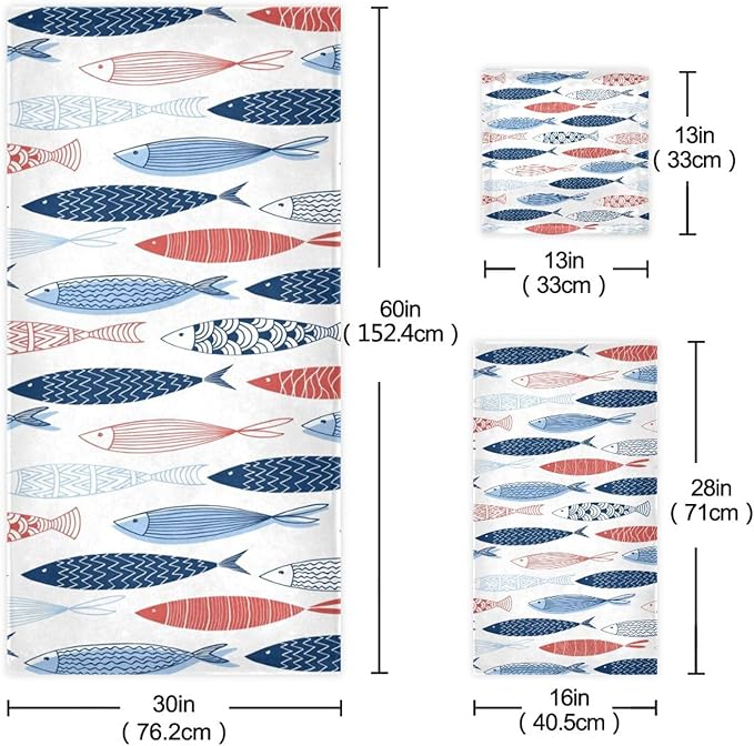 Colorful Fish Bath Towels Set,Absorbent Soft 3 Piece Vintage Nautical Costal Beach Theme Fishes Towels for Bathroom,1 Bath Towel 1 Hand Towel 1 Washcloth,Quick Dry Decoractive Bathroom Towels