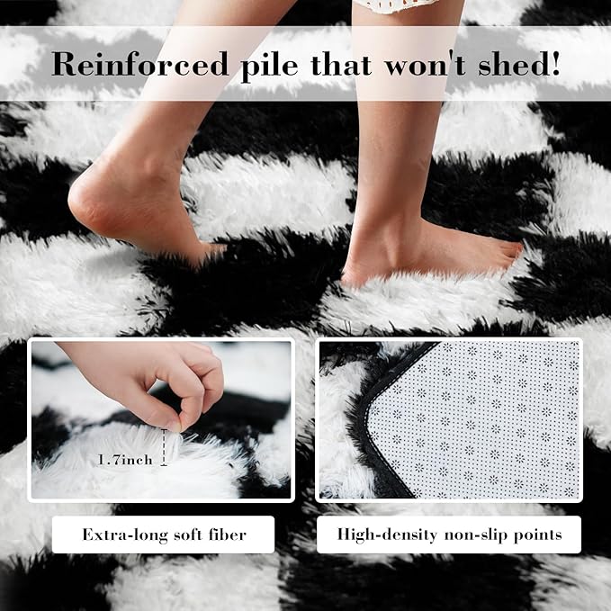 Checkered Rug for Bedroom, 2x4 Black and White Area Rugs, Classic Checkered Carpets Shaggy Area Rug, Bedside Rugs for Living Room Bedroom Kids Room Home Decor