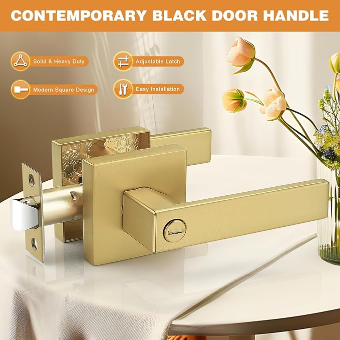 Probrico Gold Privacy Door Handle Lockset Heavy Duty Interior Door Lever for Bedroom Reversible Keyless Handleset Door Knob 2 Pack