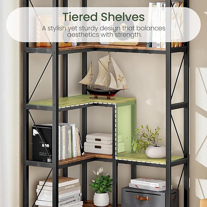 5-Tier Corner Bookshelf, 65.5'' Tall L-Shaped Bookcase, Corner Storage Stand with Metal Frame, Display Storage Rack, for Living Room, Home Office, Bedroom, Rustic Brown TSJ12BF