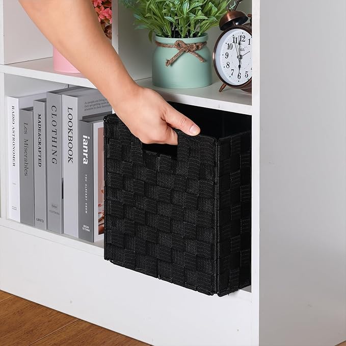 2-Pack Collapsible Ribbon Woven Storage Bins with Metal Structure, Shelf Basket, Pantry Organizer, Home Decorative Utility Cubes (11 x 11 x 11 in, Black)