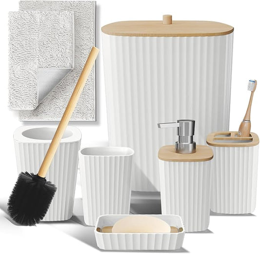 Clara Clark Bathroom Set - White Bathroom Accessories Set, 6PC Bathroom Accessory Set, Bathroom Sets with Bathroom Rugs, Toilet Brush, Trash Can & Soap Dispenser