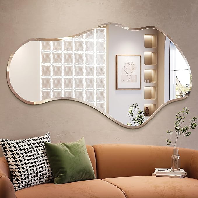 Irregular Wall Mirror, 28”x50” Frameless Asymmetrical Mirror, Beveled Frameless Funky Wavy Wall Mirrors for Entry Way Modern Bathroom Bedroom Living Room