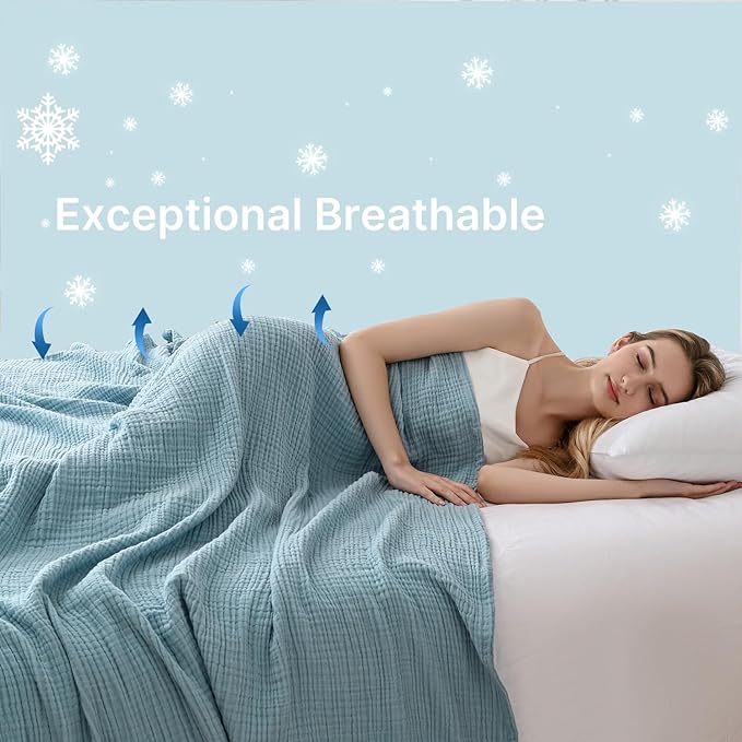 Muslin Blanket 100% Cotton Blanket Throw 108”x90”, Lightweight Breathable Summer Blanket Throw. Supersoft 4-Layer Gauze Throw Blanket for Sofa, Couch, Bed, All-Season Use, Sky Blue