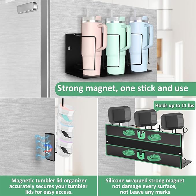 Magnetic Cup Holder for Fridge Water Bottle Organizer for Cabinet, Magnetic Cup Holder Heavy Duty with Tumbler Lid Organizer for 20oz 30oz 40oz Cup Accessories Storage (Black)