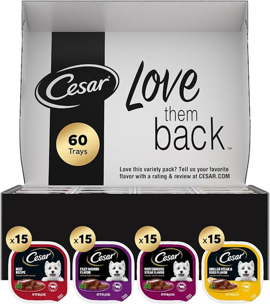 Cesar Wet Dog Food Classic Loaf in Sauce, Filet Mignon Flavor, Porterhouse Steak Flavor, Grilled Steak & Eggs Flavor, and Beef Flavor, 3.5 oz. Easy Peel Trays, Variety Pack, 60 Count (Pack of 1)