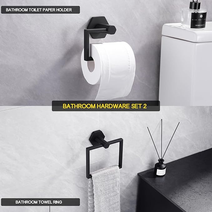 GERZWY Bathroom 2-Piece Accessory Set SUS 304 Stainless Steel Toilet Paper Holder Towel Ring Wall Mount, Matte Black