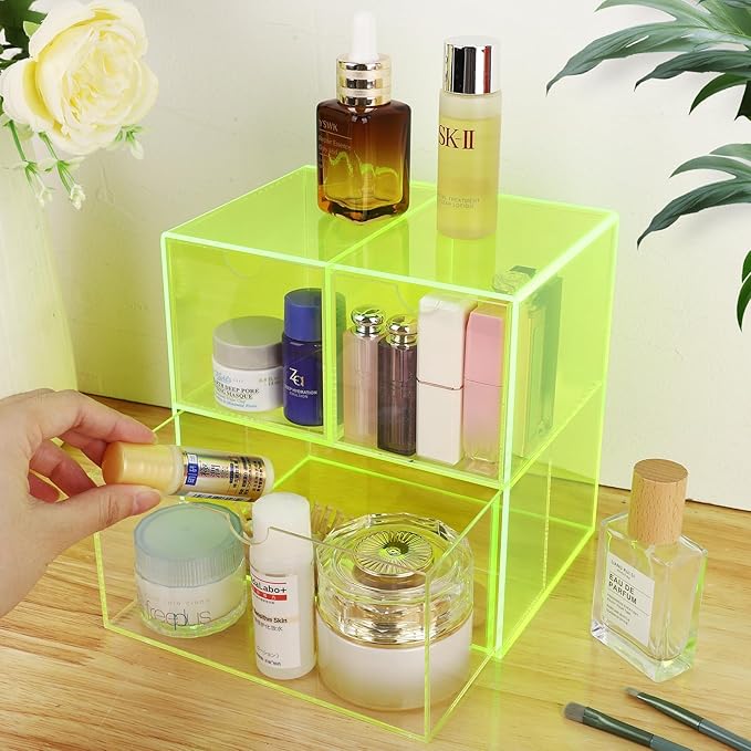 Gelite Desk Organizer with 3 Storage Drawers for Makeup Office Acrylic Desktop Drawer Organizer for Vanity Office Organization and Storage Box, Neon Green