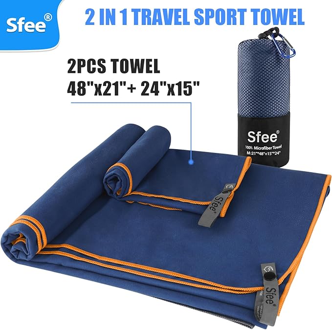 2 Pack Microfiber Travel Towel, Quick Dry Towel Camping Towel Super Absorbent Compact Lightweight Sports Towel Swim Gym Beach Towels Set for Gym, Hiking, Pool, Backpacking, Bath, Yoga