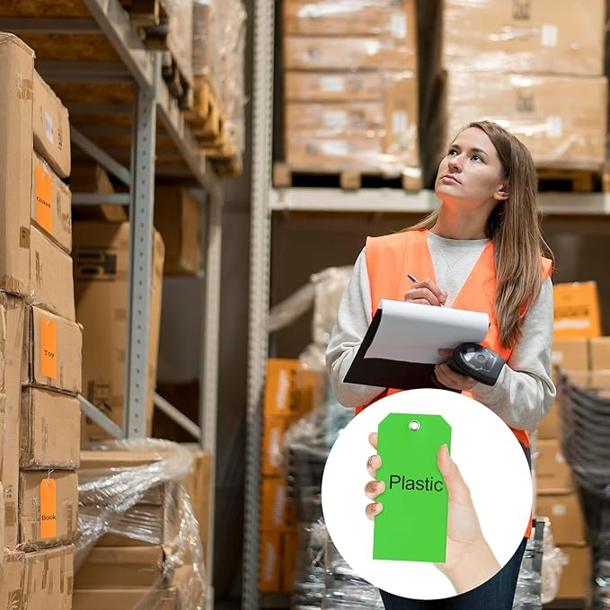 100 Pieces 3x6 inch Large Plastic Shipping Tags with String Heavy Duty Waterproof Hang Tags with String Attached Writable Wire Tags Labels for Luggage Garage Inventory Car Parts (Orange)