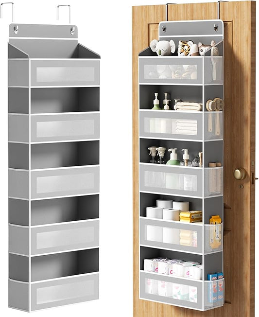 Over The Door Organizer, Over the Door Storage with 5 Large 10 Side Pockets, Hanging Door Organizer 44 lb Load Behind Door Storage, Hanging Shelf for Closet Wall Bedroom Bathroom Nursery, 5-Tier Grey