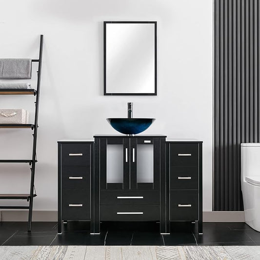 eclife 48" Modern Bathroom Vanity Sink Combo Freestanding Cabinet with Small Side Cabinet, Turquoise Square Glass Vessel Sink, Water Save Faucet, Drain (Black+A10)