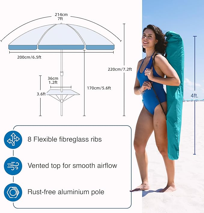 AMMSUN 7ft Heavy Duty High Wind Beach Umbrella with sand anchor, Built-in Table Tray & Tilt Pole, Air Vent, UPF 50+ Windproof Portable Outdoor Umbrellas Carry Bag for Patio Garden Pool Backyard (Teal)