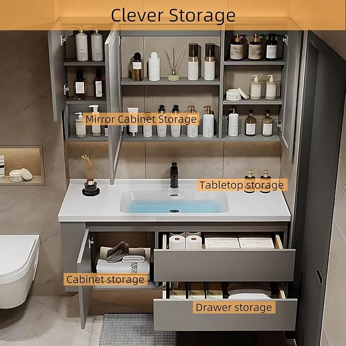 68IN Suspended Bathroom Cabinet Combo Set - Fully Functional LED Mirror with Smart Defogging & Time Display | Bathroom Vanity with Sink,Side Cabinet Storage Compartment (Style A)
