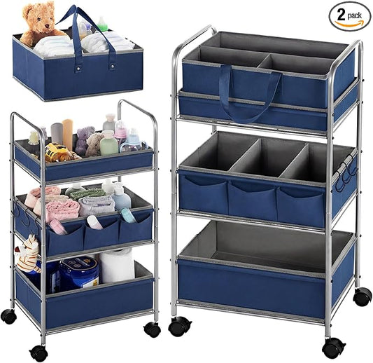 Honeydak 2in1 Baby Diaper Caddy Organizer Cart 3 Tier Large Capacity Metal Utility Bedside Rolling Cart with Divider Newborn Registry Nursery Essential Must Have Crib Bedroom Baby Shower(Gray, Blue)
