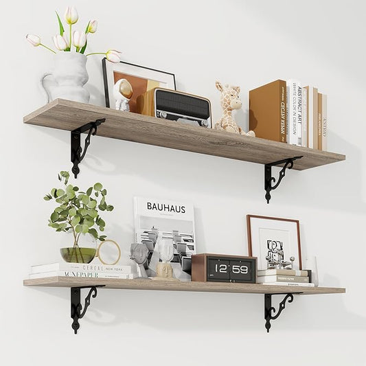 RICHFOCUS Floating Shelves for Wall Decor, 39.4W x 8D Shelves Set of 2, 8 Inch Deep Rustic Wood Shelves Wall Mounted with Brackets, Long Floating Shelves for Living Room Bedroom Kitchen, Grey