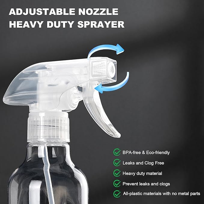 Plastic Spray Bottles 12oz 2 Pack Adjustable Mist/Stream Spraying Heavy Duty Square Water Spray Bottles for Hair, Cleaning Solutions, Plants，Essential Oils (Clear)