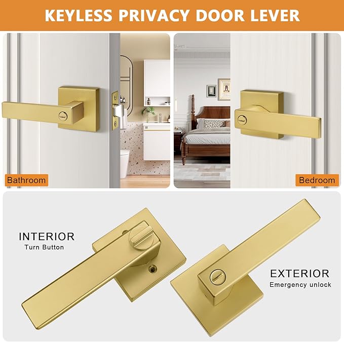 Probrico Gold Privacy Door Handle Lockset Heavy Duty Interior Door Lever for Bedroom Reversible Keyless Handleset Door Knob 1 Pack