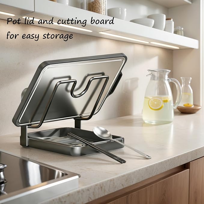 Kitchen Pot Lid Storage Rack, Stainless Steel Pot Lid Holder While Cooking for Countertop, Multifunctional Pots Lids Organizer Rack with Removable Drip Tray for Spatulas, Ladles & Large Lids (Gray1)