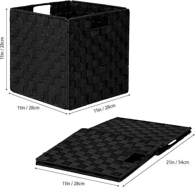 2-Pack Collapsible Ribbon Woven Storage Bins with Metal Structure, Shelf Basket, Pantry Organizer, Home Decorative Utility Cubes (11 x 11 x 11 in, Black)