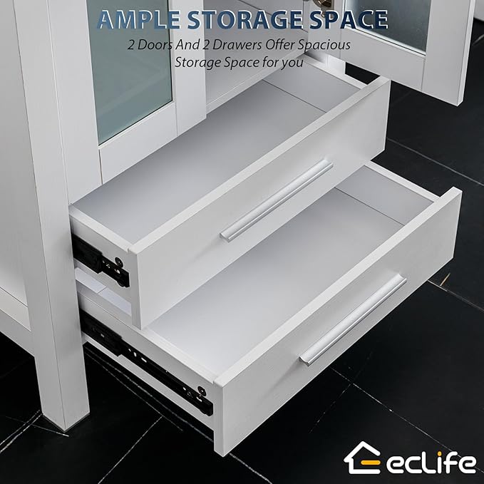 eclife 84" Modern Bathroom Vanity Sink Combo Freestanding Cabinet with Small Side Cabinet, Clear Round Glass Vessel Sink, Water Save Faucet, Drain (White+A16)