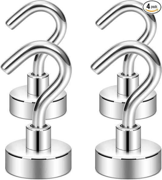 Neosmuk Magnetic Hooks,30lb Heavy Duty Earth Magnets with Hook for Refrigerator, Extra Strong Cruise Hook for Hanging, Magnetic Hanger for Cabins, Grill (Silvery White, Pack of 4)