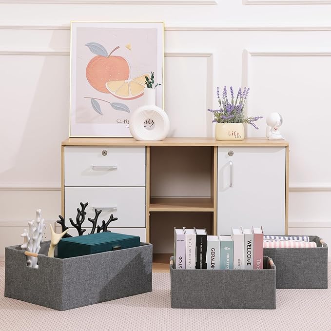 ANMINY 6PCS Storage Baskets for Organizing Collapsible Fabric Storage Bins Boxes with Wood Handles Closet Shelves Cube Organizer Bins Clothes Laundry Storage Container - Medium, Gray
