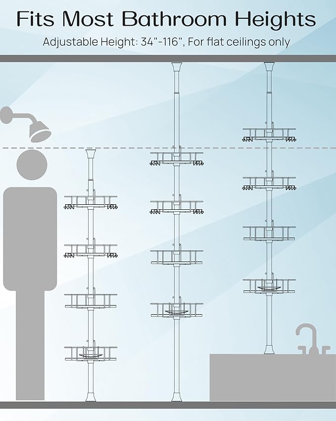 ALLZONE Corner Shower Caddy Tension Pole, 4 Repositionable Hang-On Baskets with Mixed-Height Shelves for Various Bottle Sizes, 4 Dual Hooks & Soap Holder, Rustproof Stainless Steel, Fits 34–116 Inch