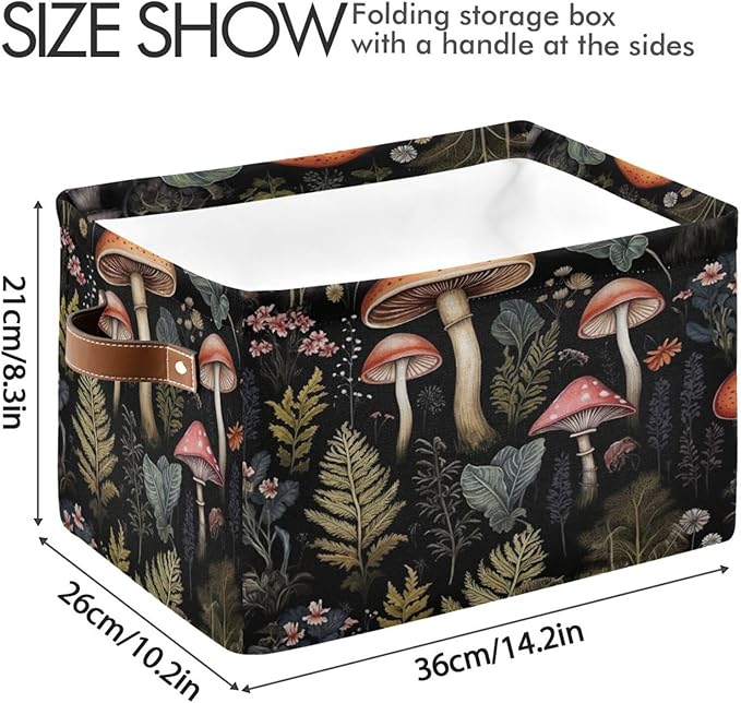 Storage Basket Mushroom Rectangular Collapsible Canvas Shelves Storage Bins with Leather Handles for Shelves Home Closet Bedroom Living Room, 2Pack