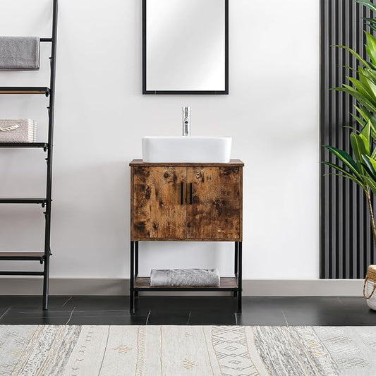 eclife 24" Bathroom Vanity Sink Combo Modern Metal Stand Cabinet W/Bottom Shelf White Rectangle Vessel Sink & Water Save Faucet & Pop Up Drain, Rustic Brown (T03)