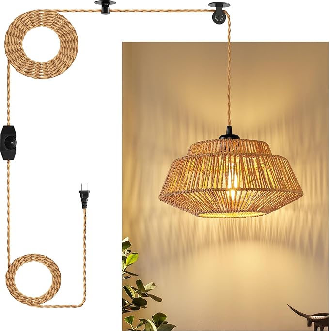 Hanging Lamp Plug in Pendant Light - Boho Hanging Light 11.8 inch Rattan Pendant Lights for Ceiling Dimmable Hanging Lamps for Living Room Bedroom Kitchen Farmhouse with 23ft Cord