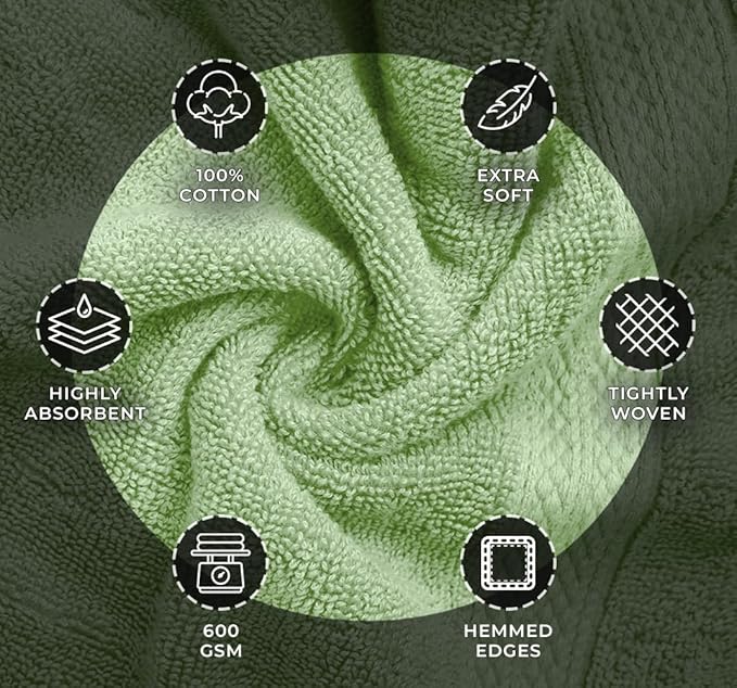 Avalon Towels Luxury 8 Piece Sage Green Towels Set, 2 Bath Towels, 2 Hand Towels and 4 Washcloths, 600 GSM 100% Ring Spun Cotton Highly Absorbent Green Bathroom Towels, Ideal for Hotel, Spa and Gym