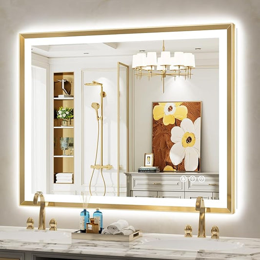 48x38 Gold Framed LED Bathroom Mirror with Lights, Backlit and Front Light, Lighted Bathroom Vanity Mirror for Wall Dimmable Anti-Fog Memory Tempered Glass Horizontal/Vertical