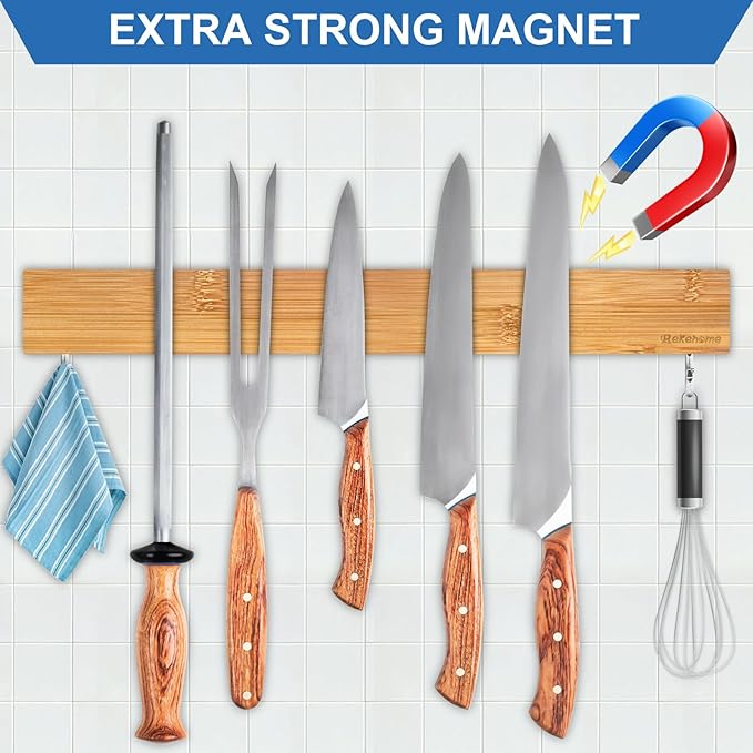 Magnetic Knife Holder for Wall 16 Inch, Bamboo knife magnetic strip No Drilling with 2Hooks, Strong Magnet Knife Holder strip, Magnetic Knife Rack Bar for Kitchen Knives and Tools