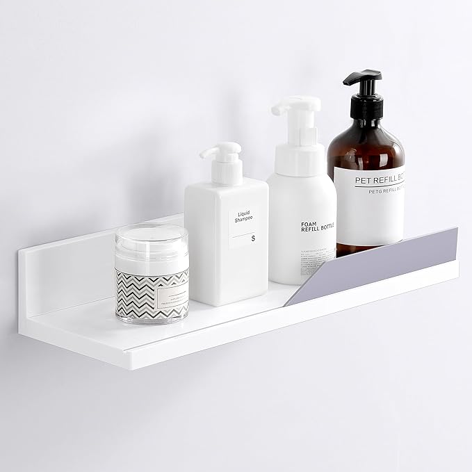 YOHOM White Floating Adhesive Bathroom Wall Storage Shelf No Drilling Display Ledge Organizer for Shower Caddy Kitchen Holder 14.96inch